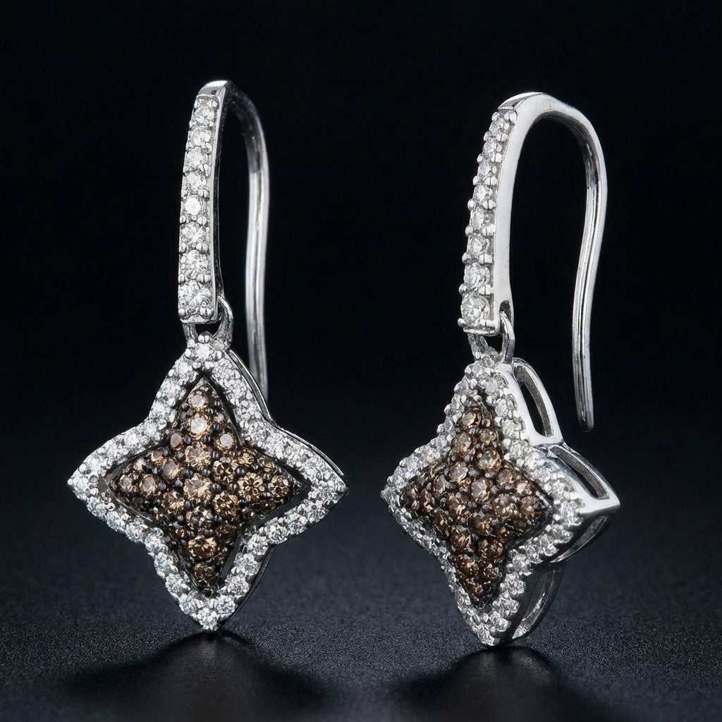 10k White Gold Brown Diamond Star Dangle Earrings three-quarter view - GOLDZENN