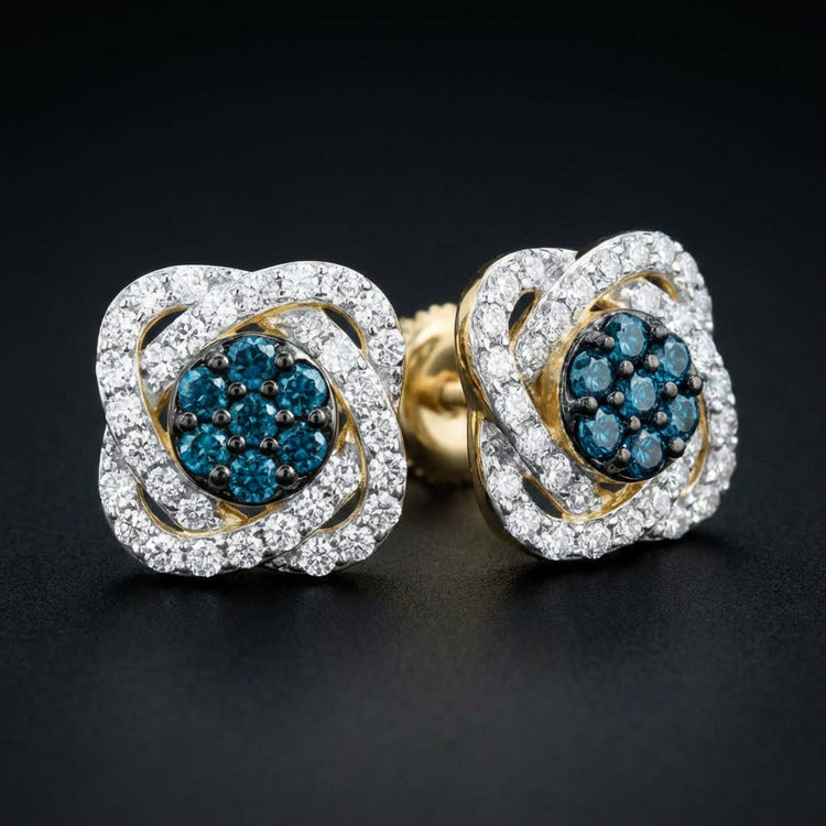 5/8CT Blue Diamond Flower Earrings in 10k Gold three-quarter view - GOLDZENN