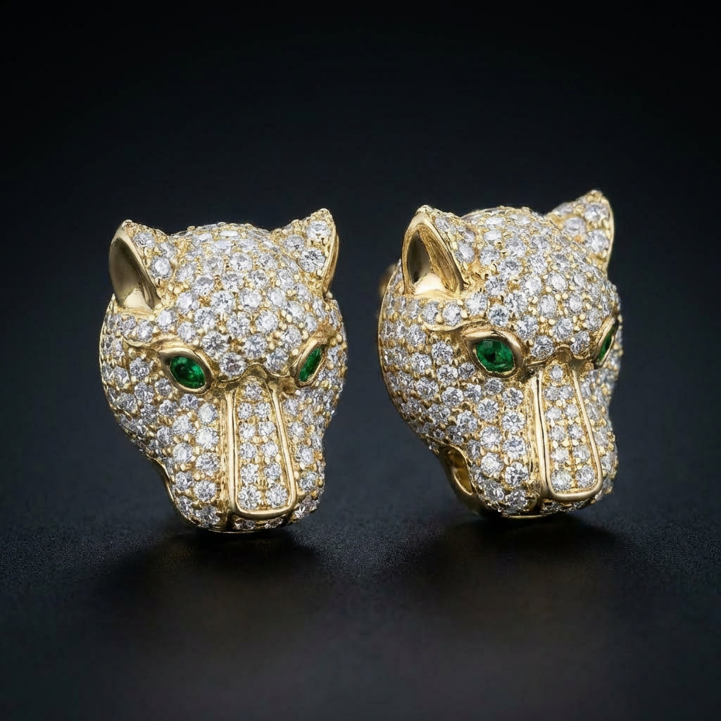 14k Gold Diamond Leopard Earrings 2 3/8 CTTW three-quarter view - GOLDZENN