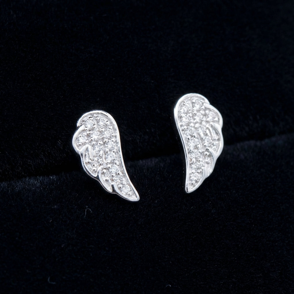 1/20CTW Round Diamond Angel Wing Stud Earrings - 14K White Gold three-quarter view - GOLDZENN
