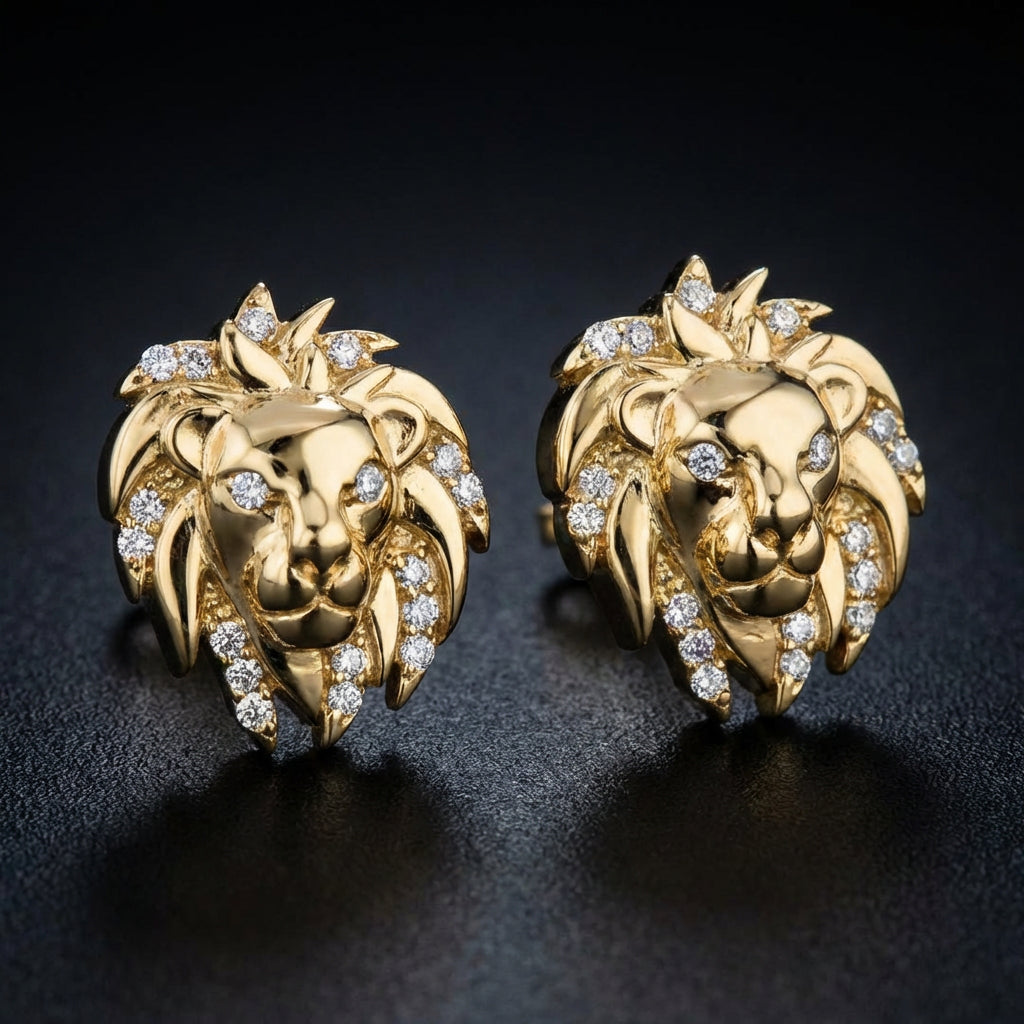 1/12CTW Round Diamond Lion Face Stud Earrings - 10K Yellow Gold three-quarter view - GOLDZENN