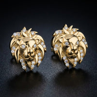 1/12CTW Round Diamond Lion Face Stud Earrings - 10K Yellow Gold three-quarter view - GOLDZENN