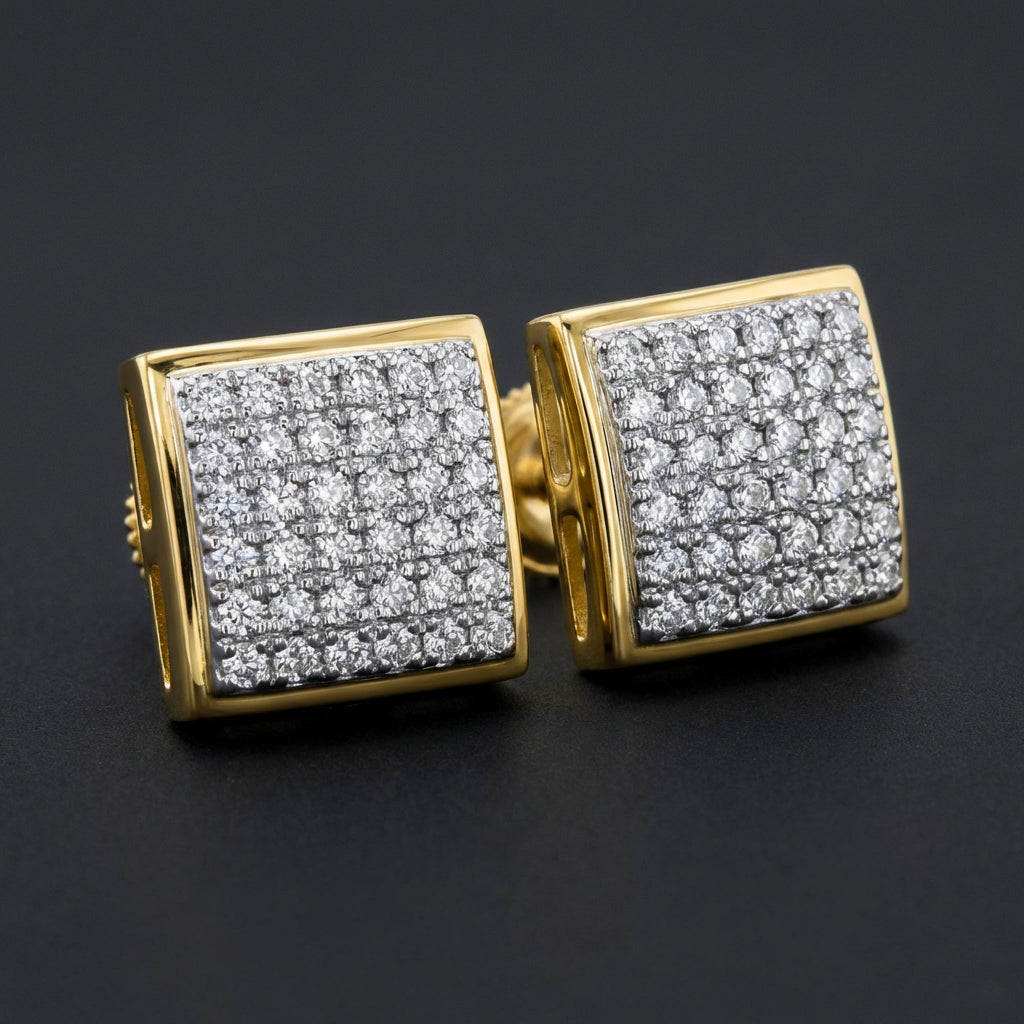 10k Yellow Gold Round Diamond Square Earrings 1/5 Cttw three-quarter view - GOLDZENN