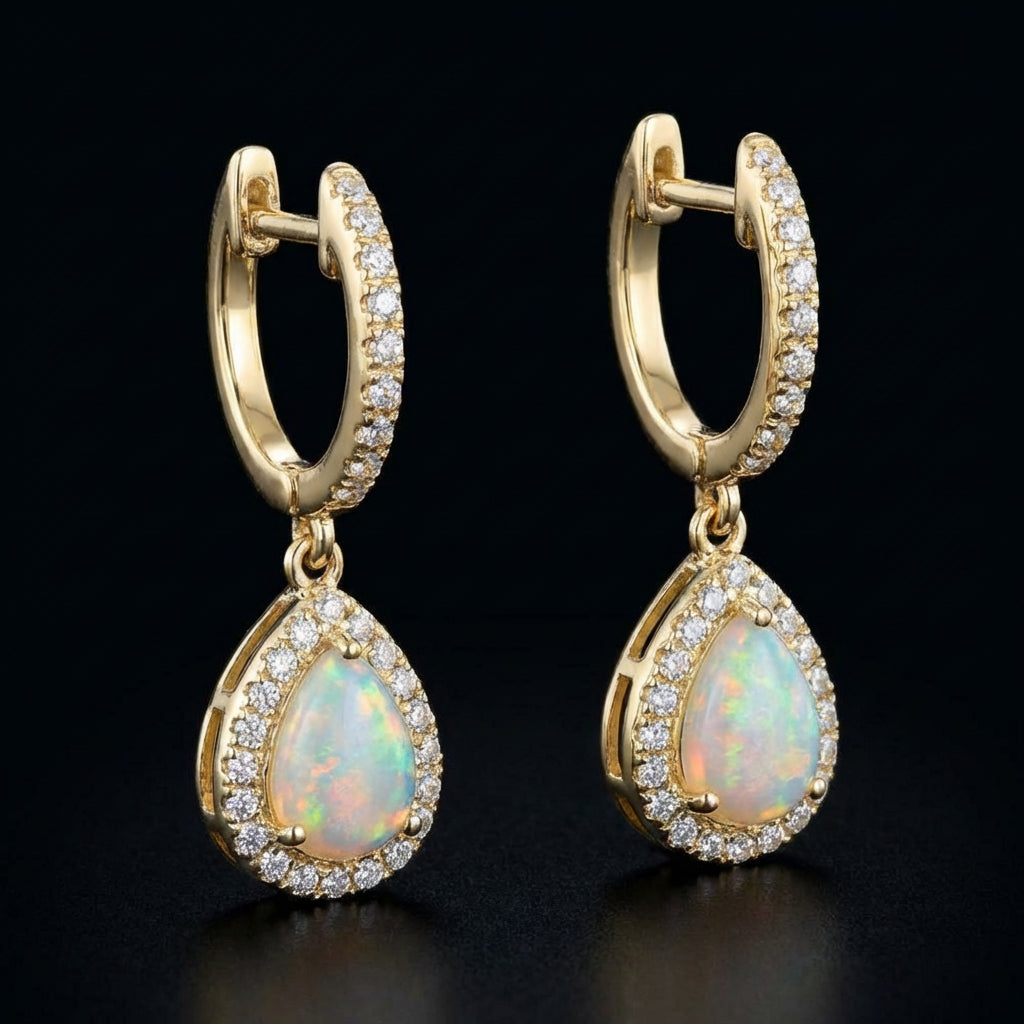 10k Yellow Gold Pear Opal Diamond Dangling Earrings three-quarter view - GOLDZENN