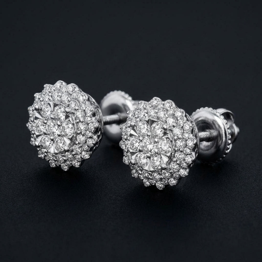 14k White Gold Diamond Halo Cluster Earrings 1 Cttw three-quarter view - GOLDZENN