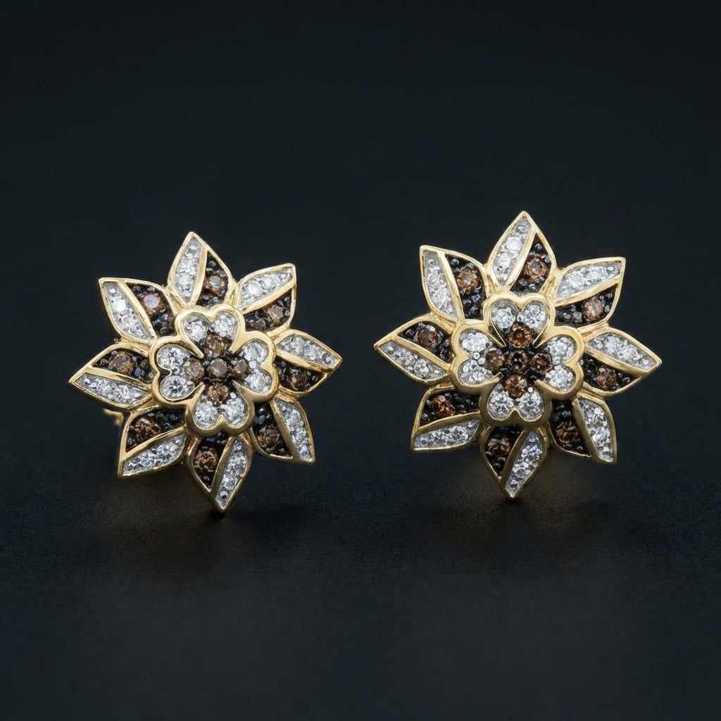 1/4CT Cognac Diamond Flower Earrings in 10k Gold three-quarter view - GOLDZENN