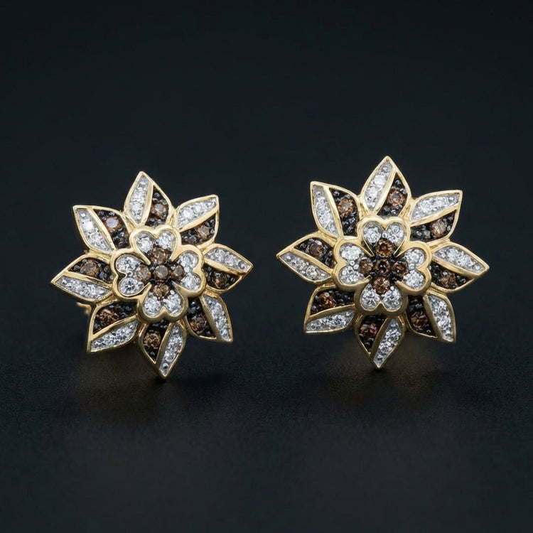 1/4CT Cognac Diamond Flower Earrings in 10k Gold three-quarter view - GOLDZENN