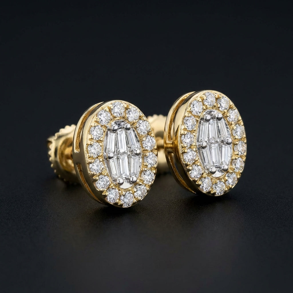 10k Yellow Gold Oval Baguette Diamond Earrings 1/8CT three-quarter view - GOLDZENN