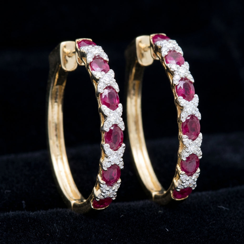 14K Yellow Gold Ruby Diamond Hoop Earrings 3 Cttw three-quarter view - GOLDZENN