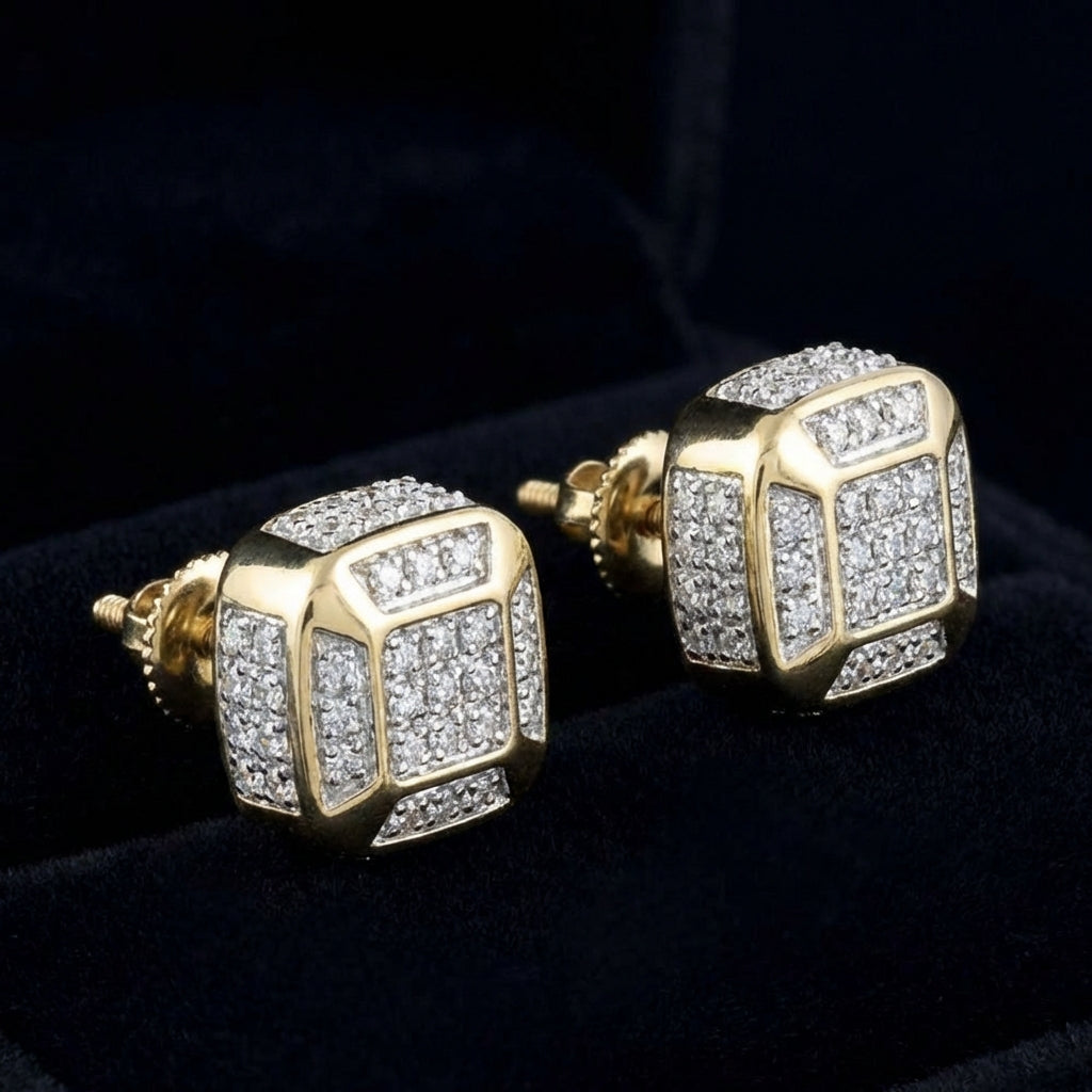 10k Gold Diamond Cushion Cluster Earrings 1/4 Cttw three-quarter view - GOLDZENN