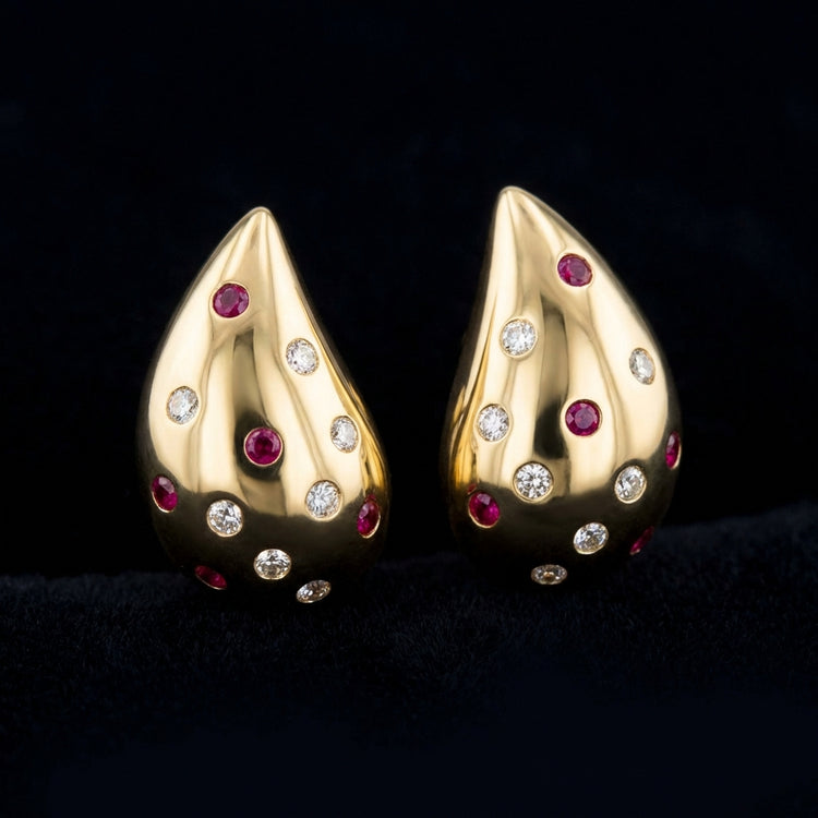 14k Gold Diamond & Ruby Teardrop Earrings 1/3CTW three-quarter view - GOLDZENN