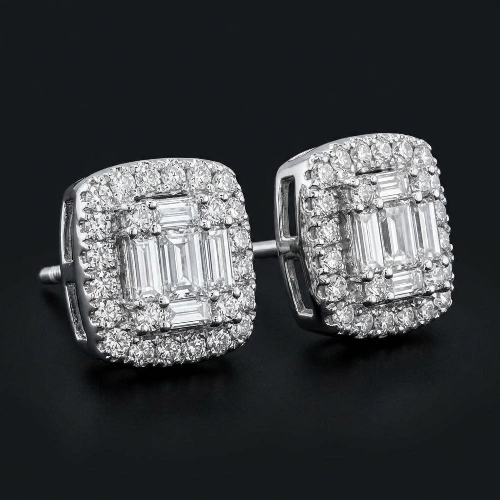 14K White Gold Baguette Diamond Cluster Earrings three-quarter view - GOLDZENN