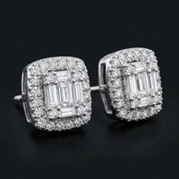 14K White Gold Baguette Diamond Cluster Earrings three-quarter view - GOLDZENN