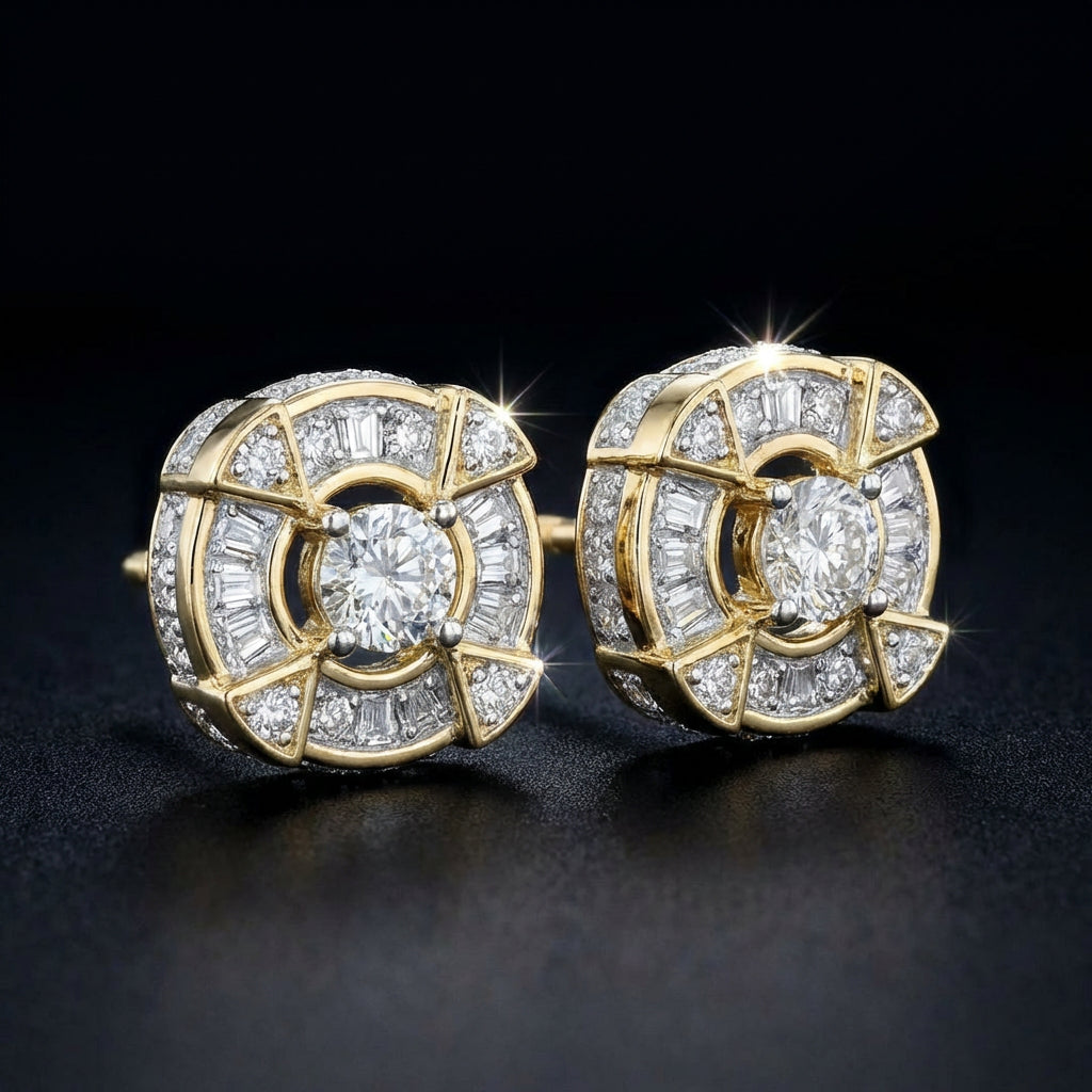 3/8CTW Diamond Round Men's Earrings 10K Gold three-quarter view - GOLDZENN