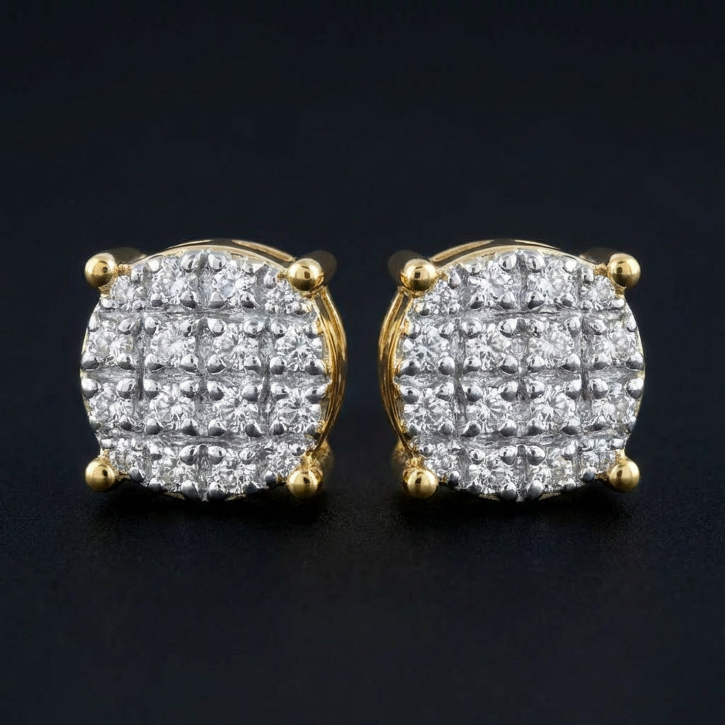 10k Yellow Gold Diamond Cluster Earrings 1/12 Cttw three-quarter view - GOLDZENN