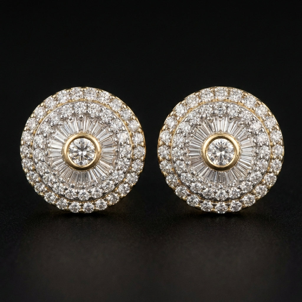 10k Gold Baguette Diamond Circle Earrings 3/4 CTTW three-quarter view - GOLDZENN