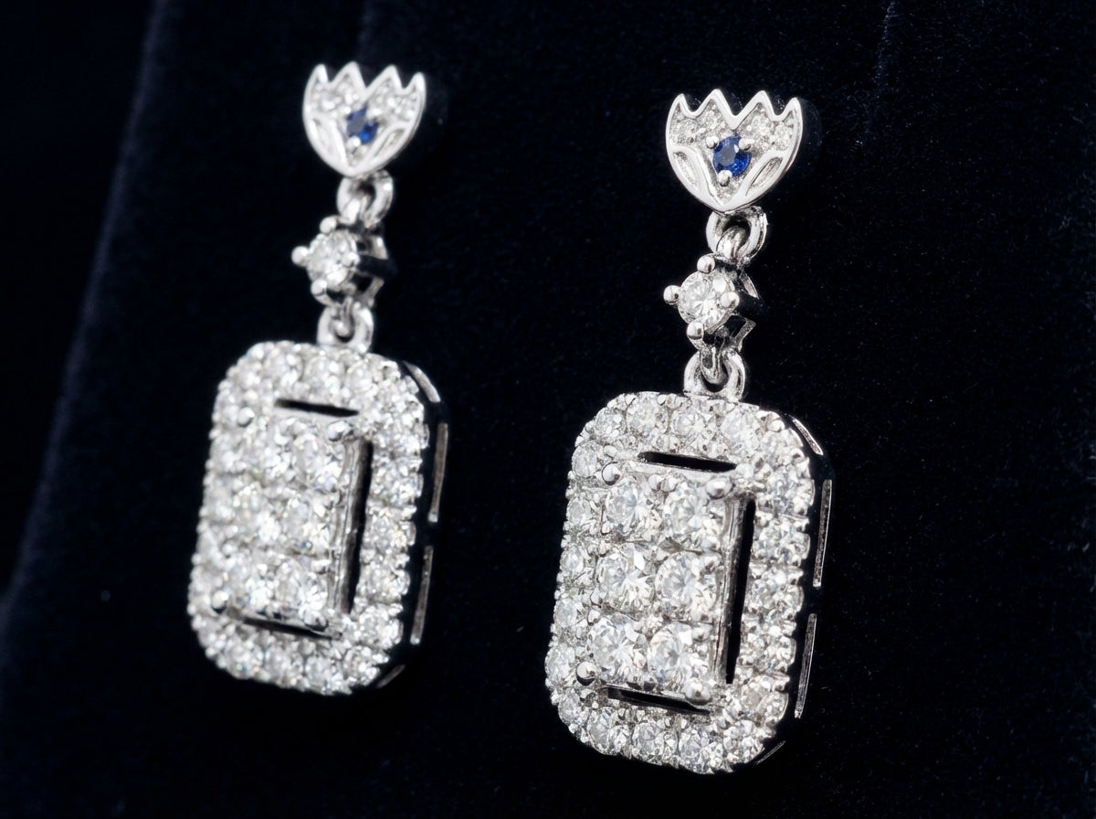 14K White Gold Diamond Rectangle Dangle Earrings three-quarter view - GOLDZENN