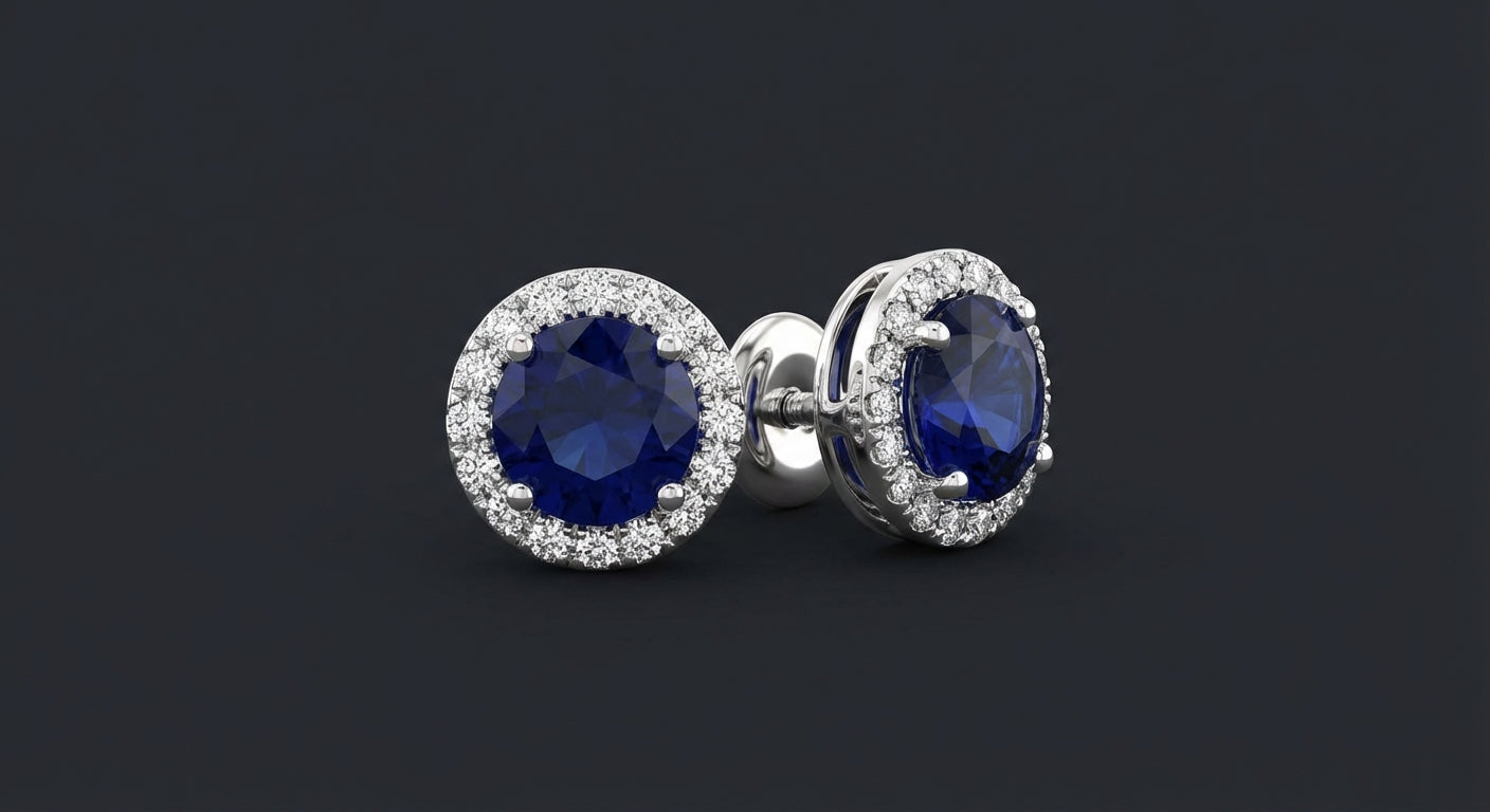 1-1/5CTW Round Blue Sapphire Diamond Halo Stud Earrings – 14K White Gold three-quarter view - GOLDZENN