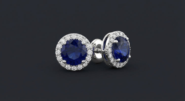 1-1/5CTW Round Blue Sapphire Diamond Halo Stud Earrings – 14K White Gold three-quarter view - GOLDZENN