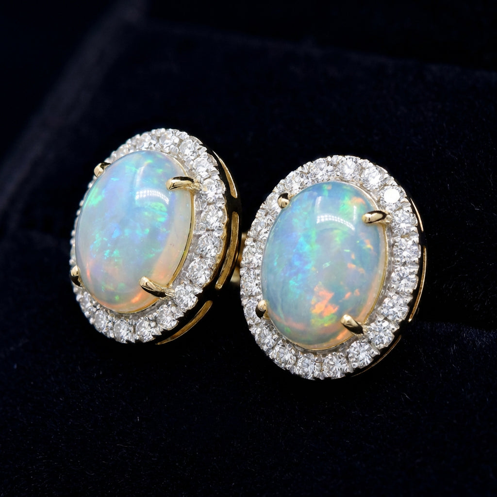 10k Yellow Gold Oval Opal Diamond Earrings 3/8 Cttw three-quarter view - GOLDZENN