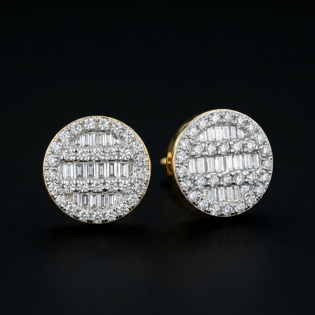 10k Yellow Gold Baguette Diamond Cluster Earrings three-quarter view - GOLDZENN