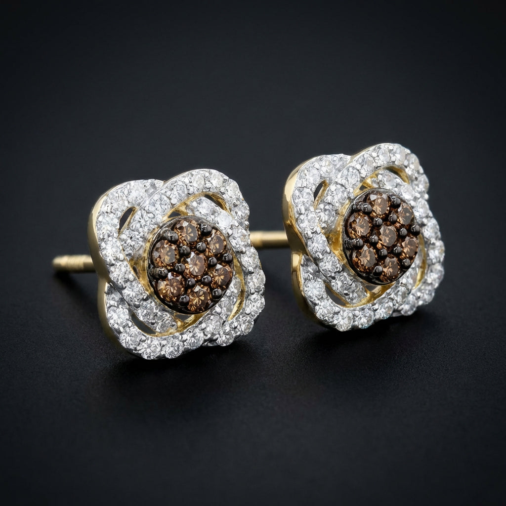 10k Yellow Gold Cognac Diamond Flower Earrings 5/8 Cttw three-quarter view - GOLDZENN