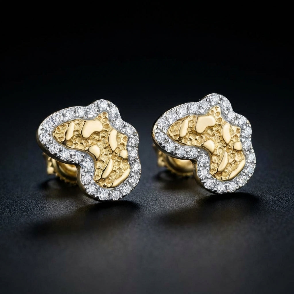 10k Yellow Gold Round Diamond Nugget Earrings 1/10 Cttw three-quarter view - GOLDZENN
