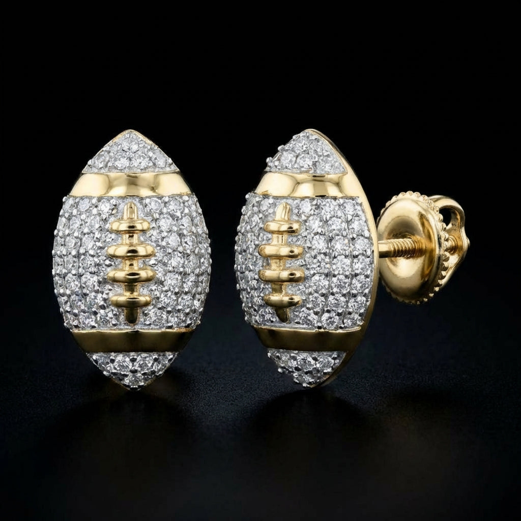 10k Gold Diamond Football Earrings 1/3 Cttw three-quarter view - GOLDZENN