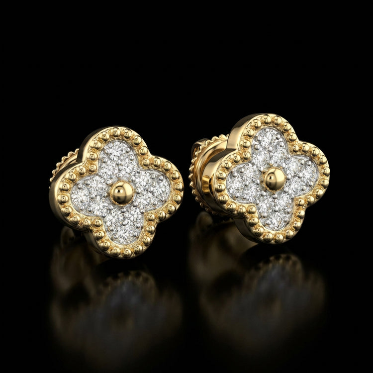 14k Yellow Gold Diamond Clover Earrings 1/6 Cttw three-quarter view - GOLDZENN