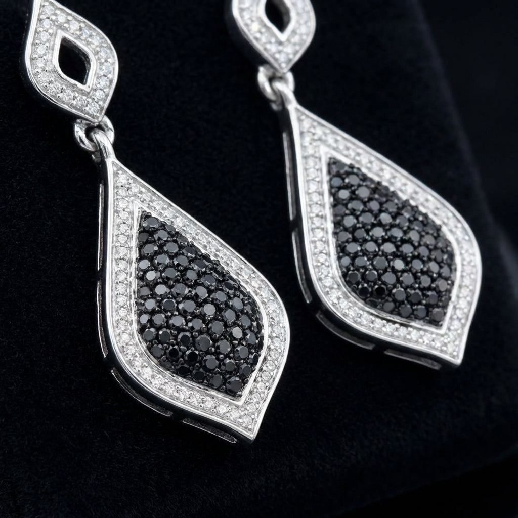 10K White Gold Black Diamond Dangle Earrings 2 CTTW three-quarter view - GOLDZENN