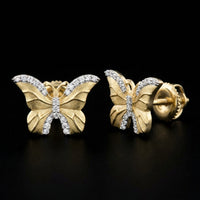 1/6 CTW Diamond Butterfly Earrings in 10k Yellow Gold three-quarter view - GOLDZENN