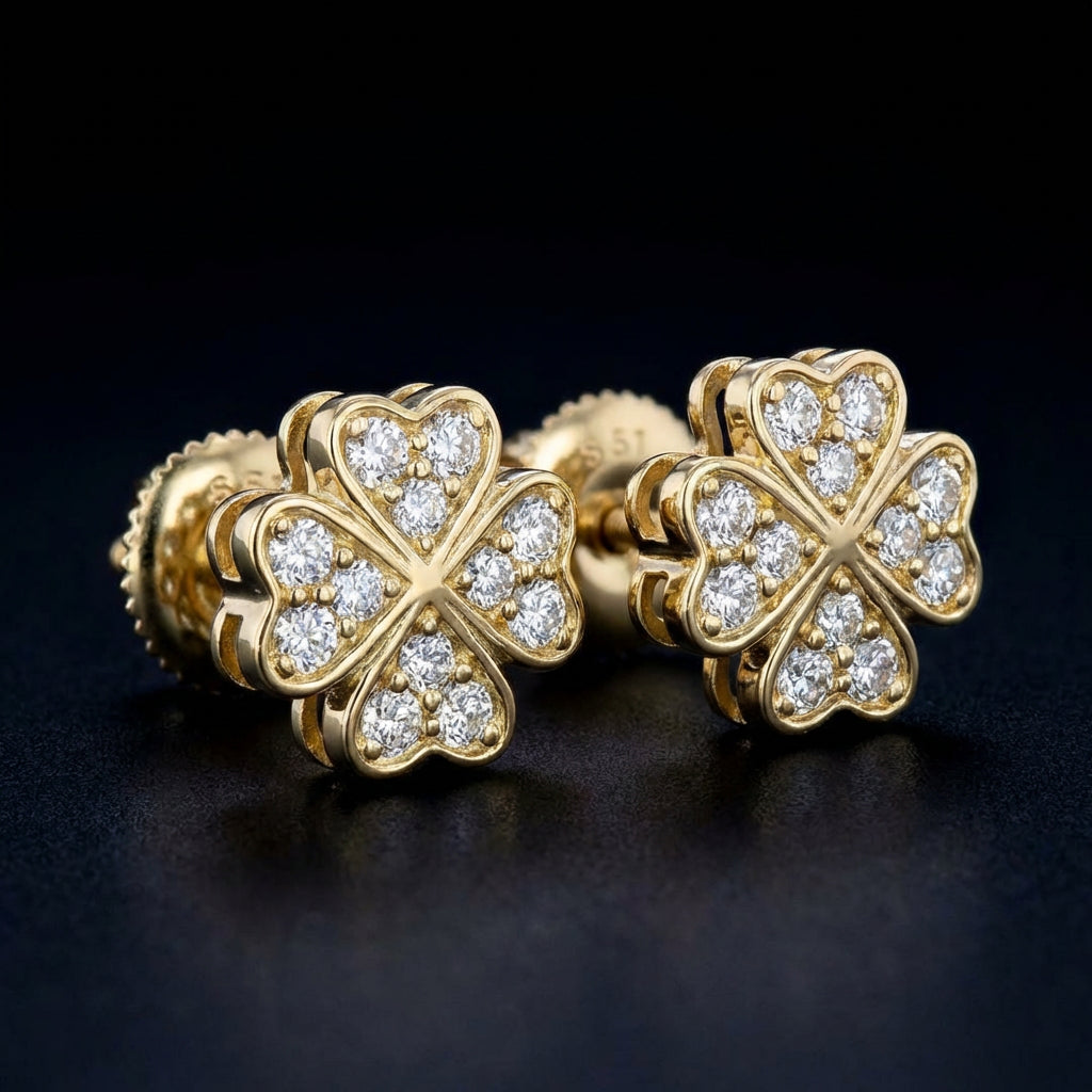 10k Yellow Gold Diamond Clover Earrings 1/6 CTW three-quarter view - GOLDZENN
