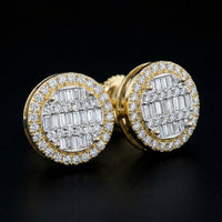 10K Yellow Gold Baguette Diamond Circle Earrings three-quarter view - GOLDZENN
