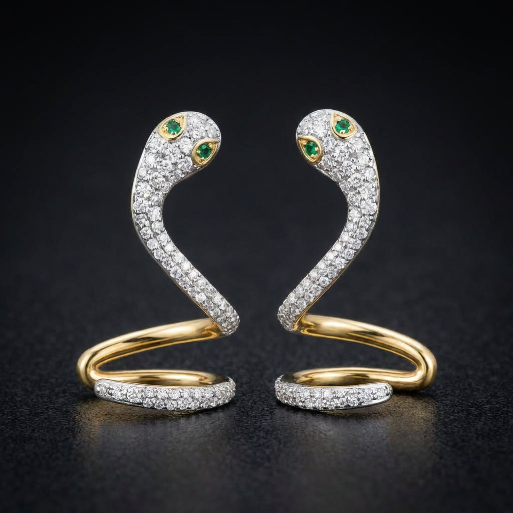 3/4CTW Diamond & Emerald Snake Earring 14k Gold three-quarter view - GOLDZENN