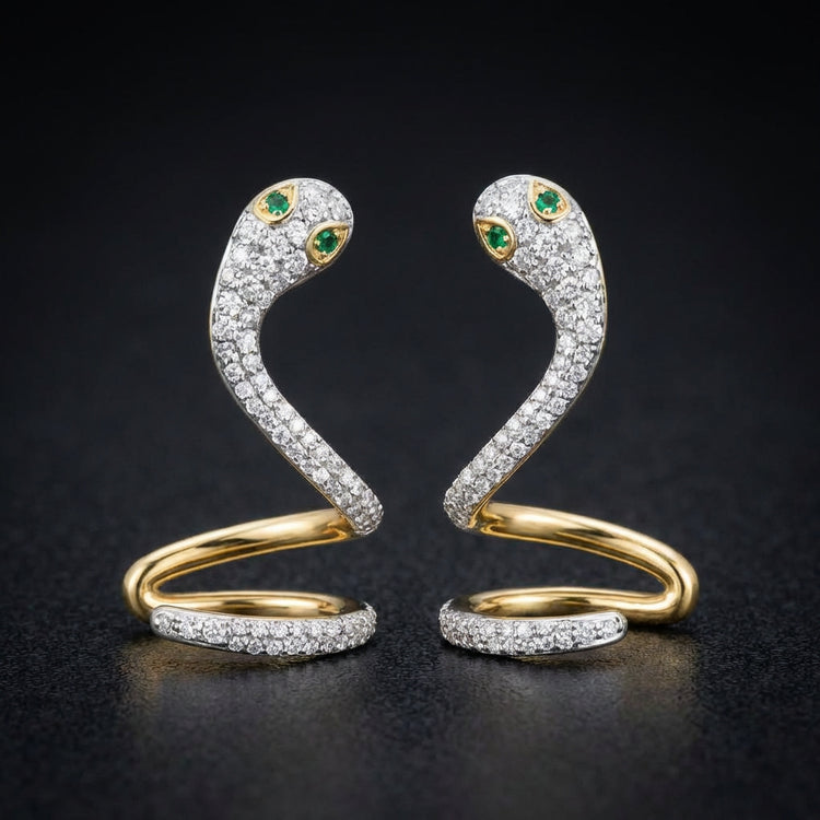 3/4CTW Diamond & Emerald Snake Earring 14k Gold three-quarter view - GOLDZENN