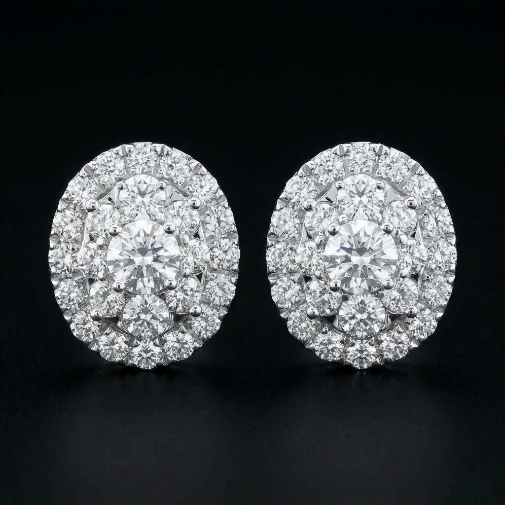 1CTW Diamond Oval Earrings – 14K White Gold three-quarter view - GOLDZENN
