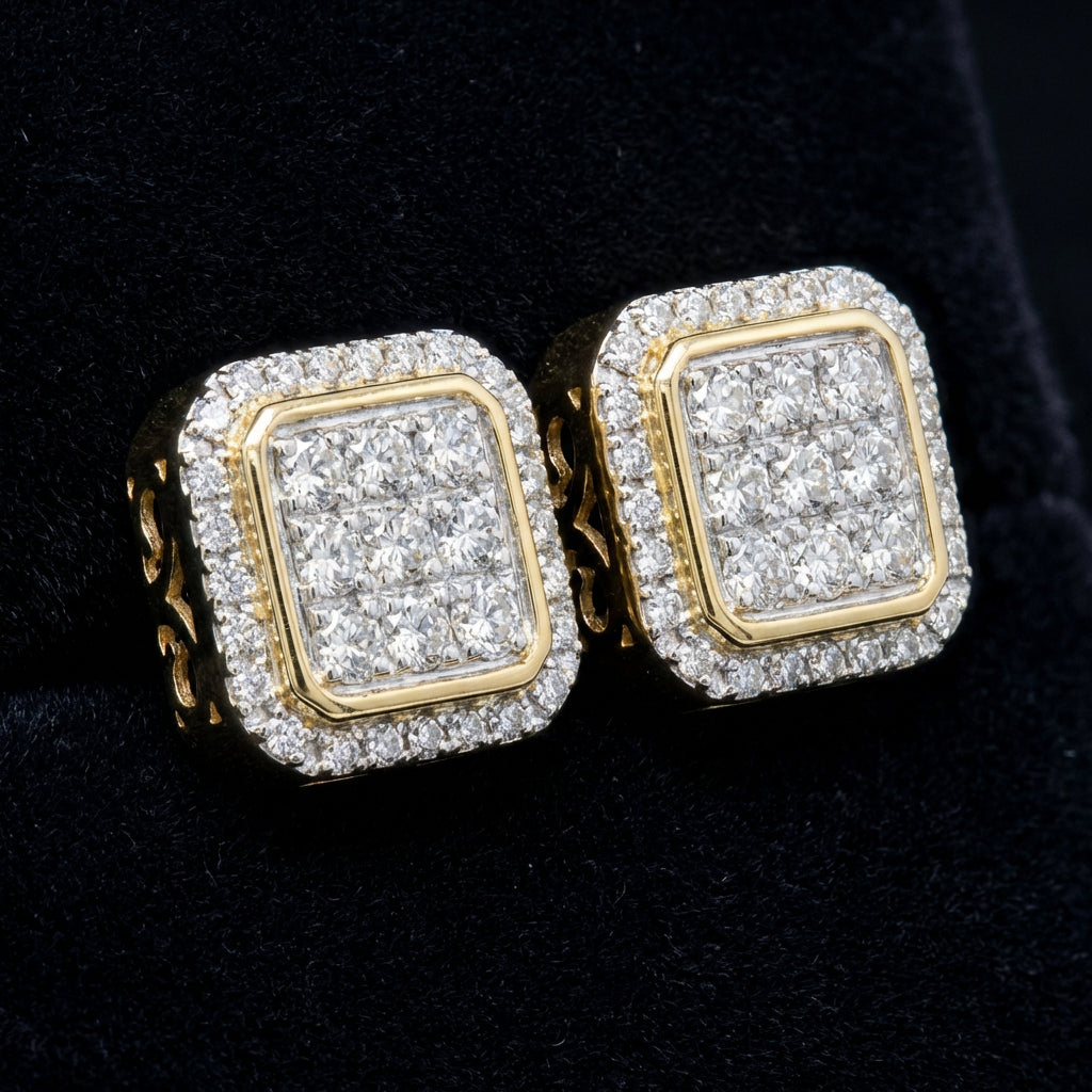10k Yellow Gold Round Diamond Square Earrings 5/8 Cttw three-quarter view - GOLDZENN
