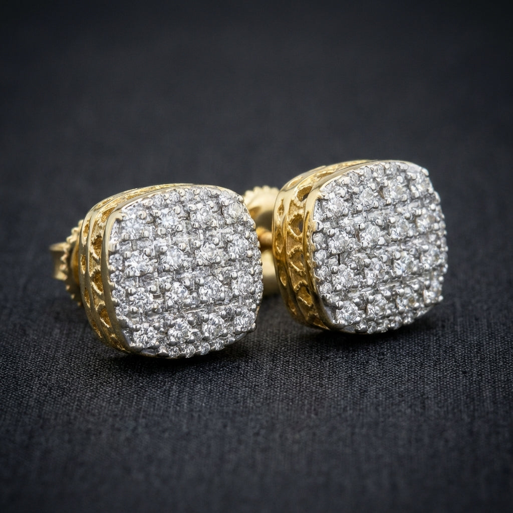 10k Yellow Gold Diamond Square Earrings 1/10 Cttw three-quarter view - GOLDZENN