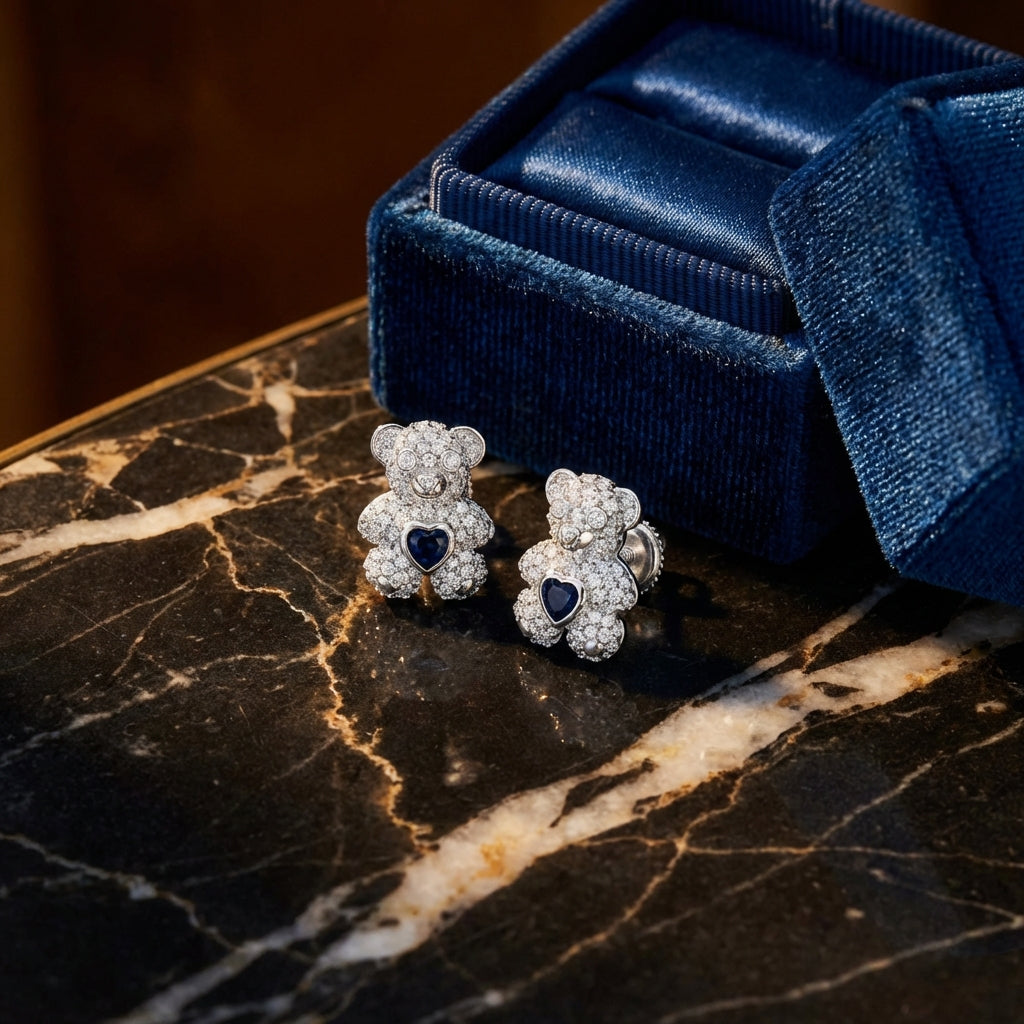 1/2CTW Teddy Bear Diamond Earrings in 10K White Gold luxury presentation - GOLDZENN