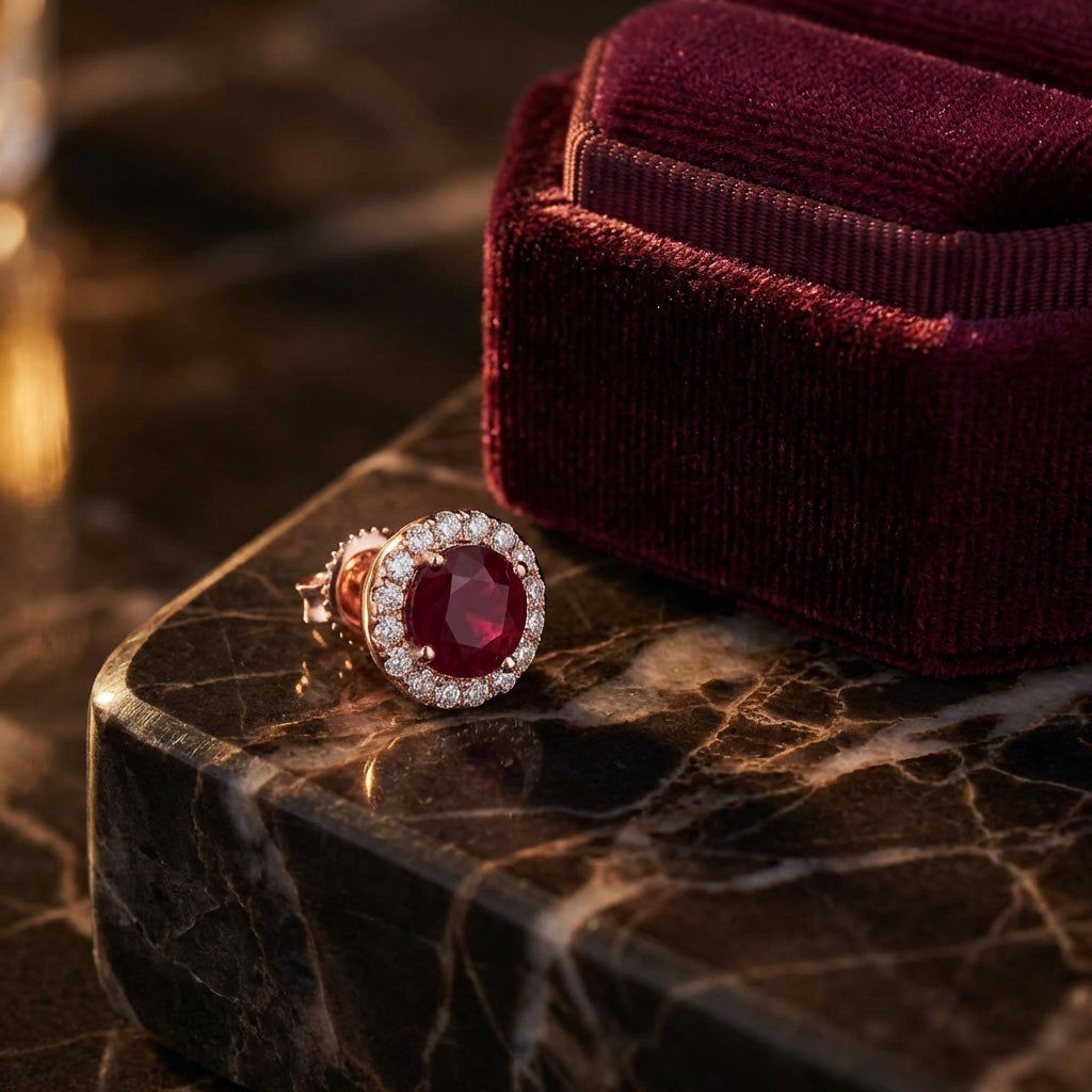 1-1/5CTW Round Ruby Halo and Diamond Solitaire Stud Earrings - 14K Rose Gold luxury presentation - GOLDZENN