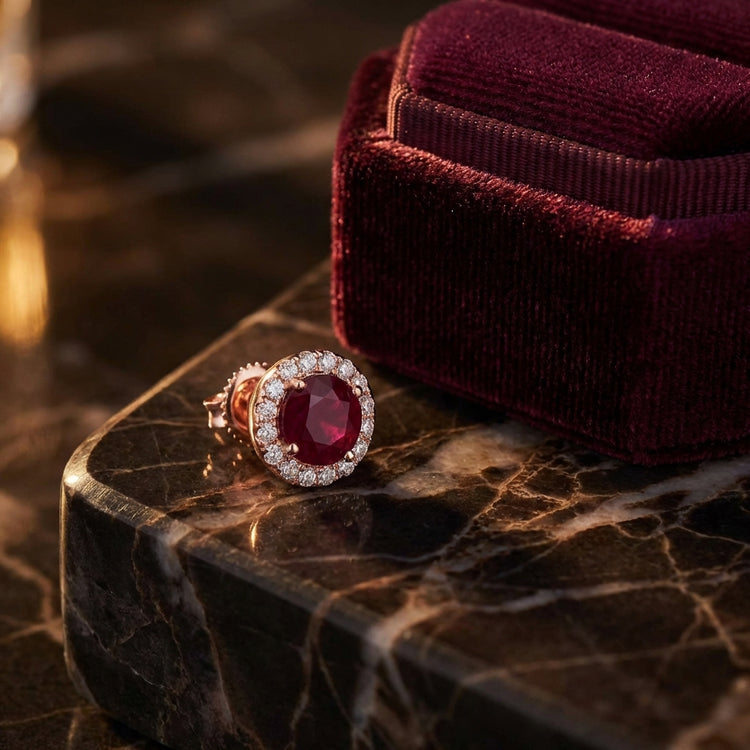 1-1/5CTW Round Ruby Halo and Diamond Solitaire Stud Earrings - 14K Rose Gold luxury presentation - GOLDZENN