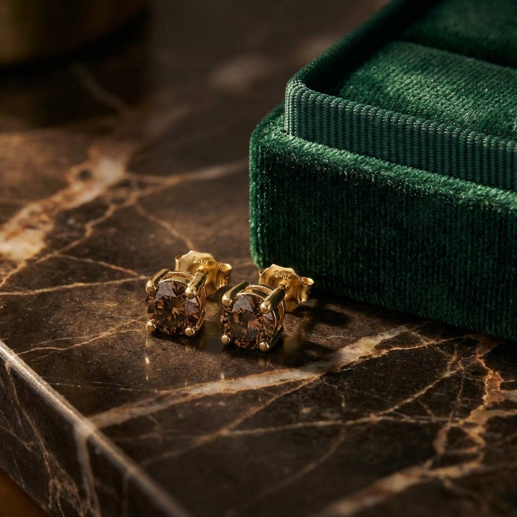 1/4CTW Round Brown Diamond Solitaire Stud Earrings - 10K Yellow Gold luxury presentation - GOLDZENN