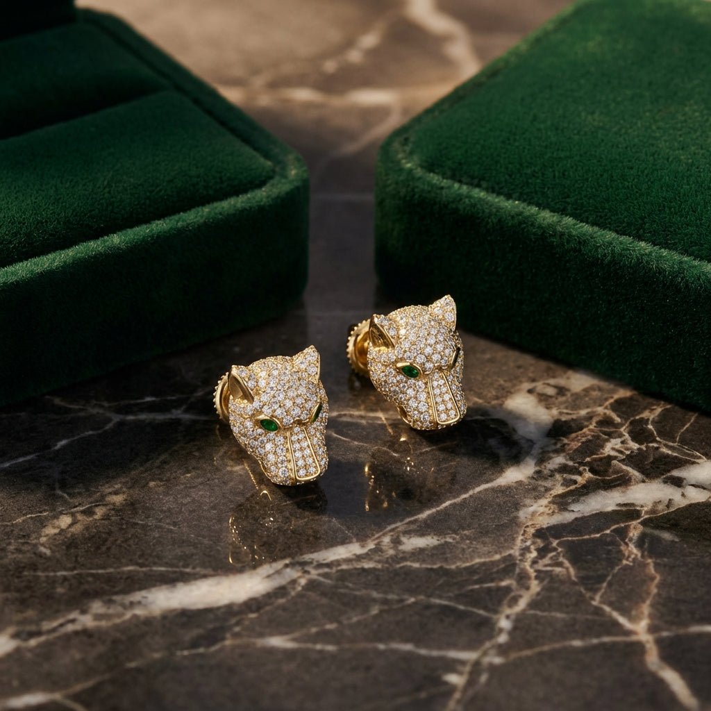 14k Gold Diamond Leopard Earrings 2 3/8 CTTW luxury presentation - GOLDZENN