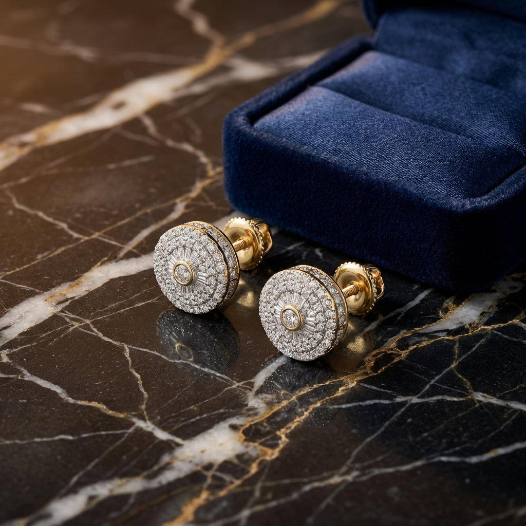 10k Gold Baguette Diamond Circle Earrings 3/4 CTTW luxury presentation - GOLDZENN