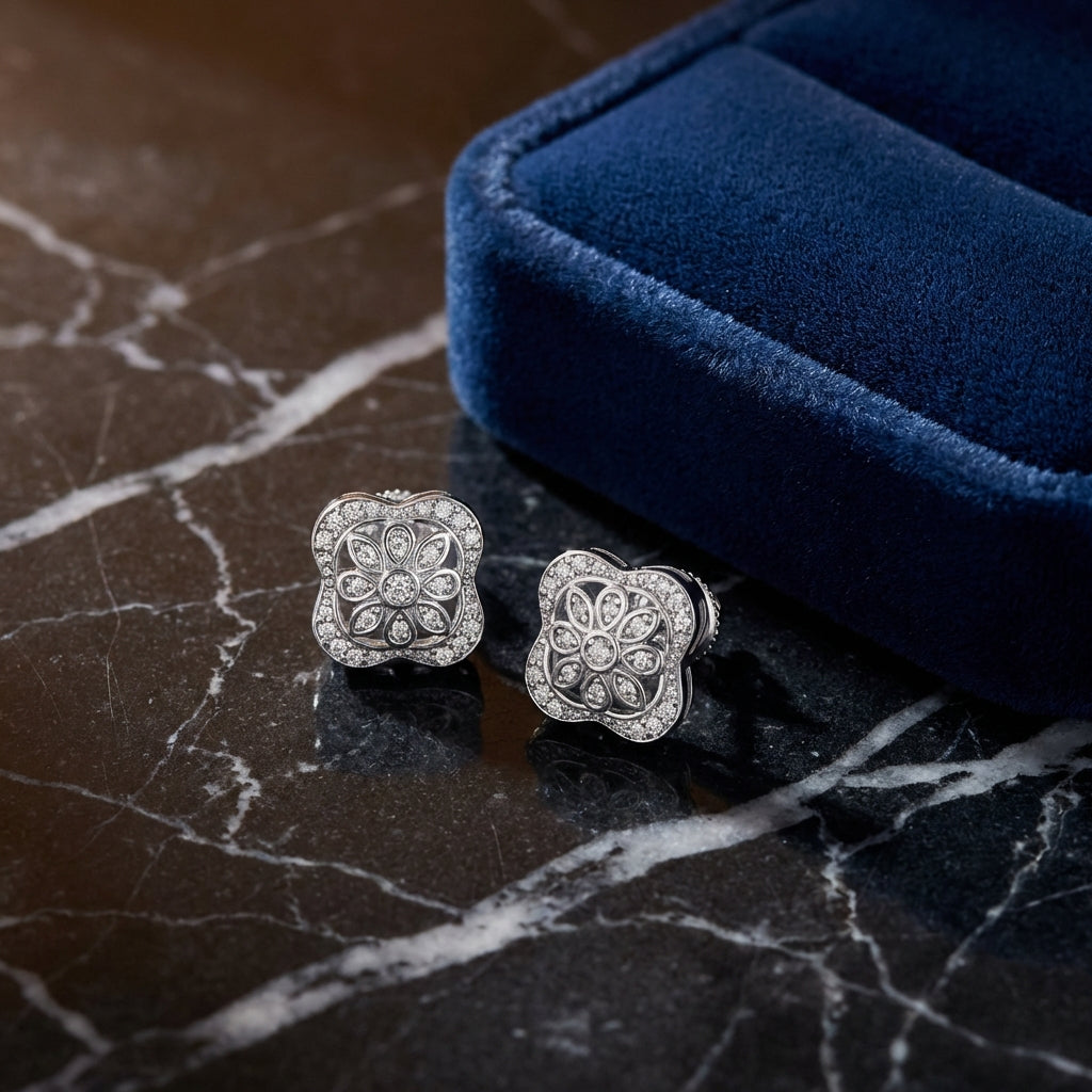 Sterling Silver Diamond Flower Earrings 1/8 Cttw luxury presentation - GOLDZENN