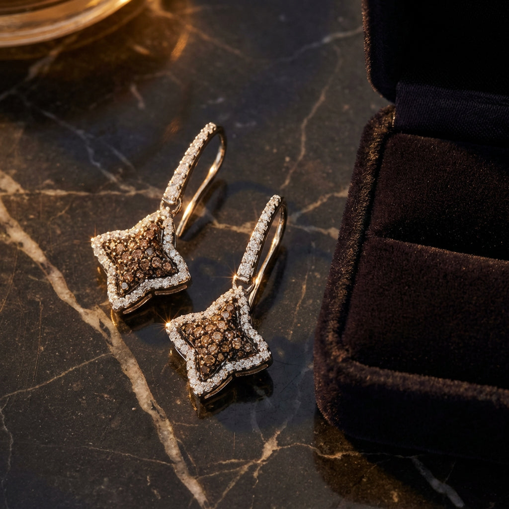 10k White Gold Brown Diamond Star Dangle Earrings luxury presentation - GOLDZENN