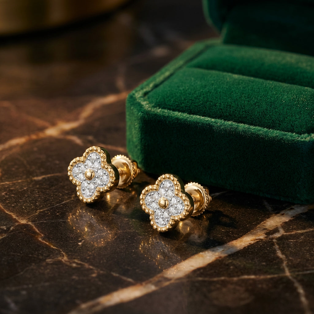 14k Yellow Gold Diamond Clover Earrings 1/6 Cttw luxury presentation - GOLDZENN