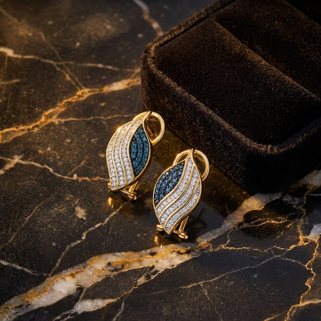 10k Yellow Gold Blue Diamond Earrings 1/2 Cttw luxury presentation - GOLDZENN