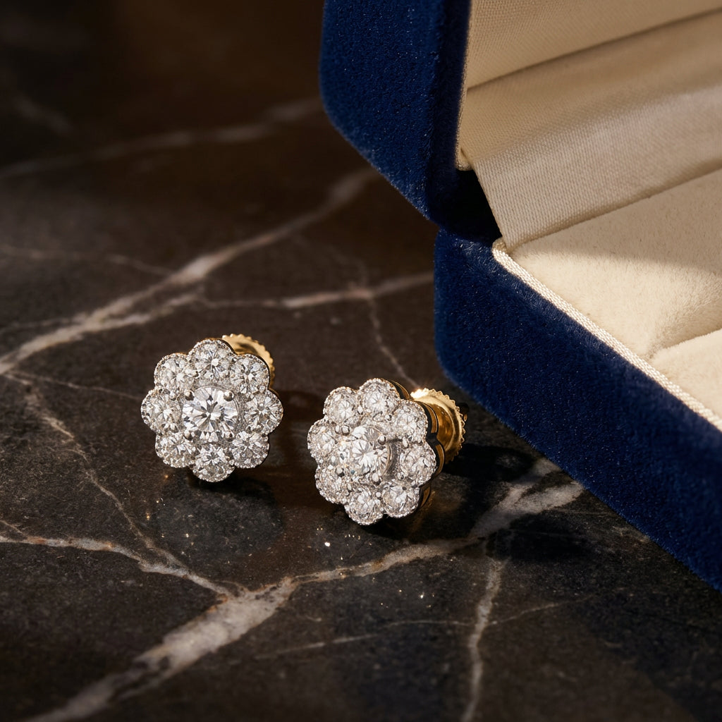 14K Gold Diamond Flower Cluster Earrings 2 Cttw luxury presentation - GOLDZENN