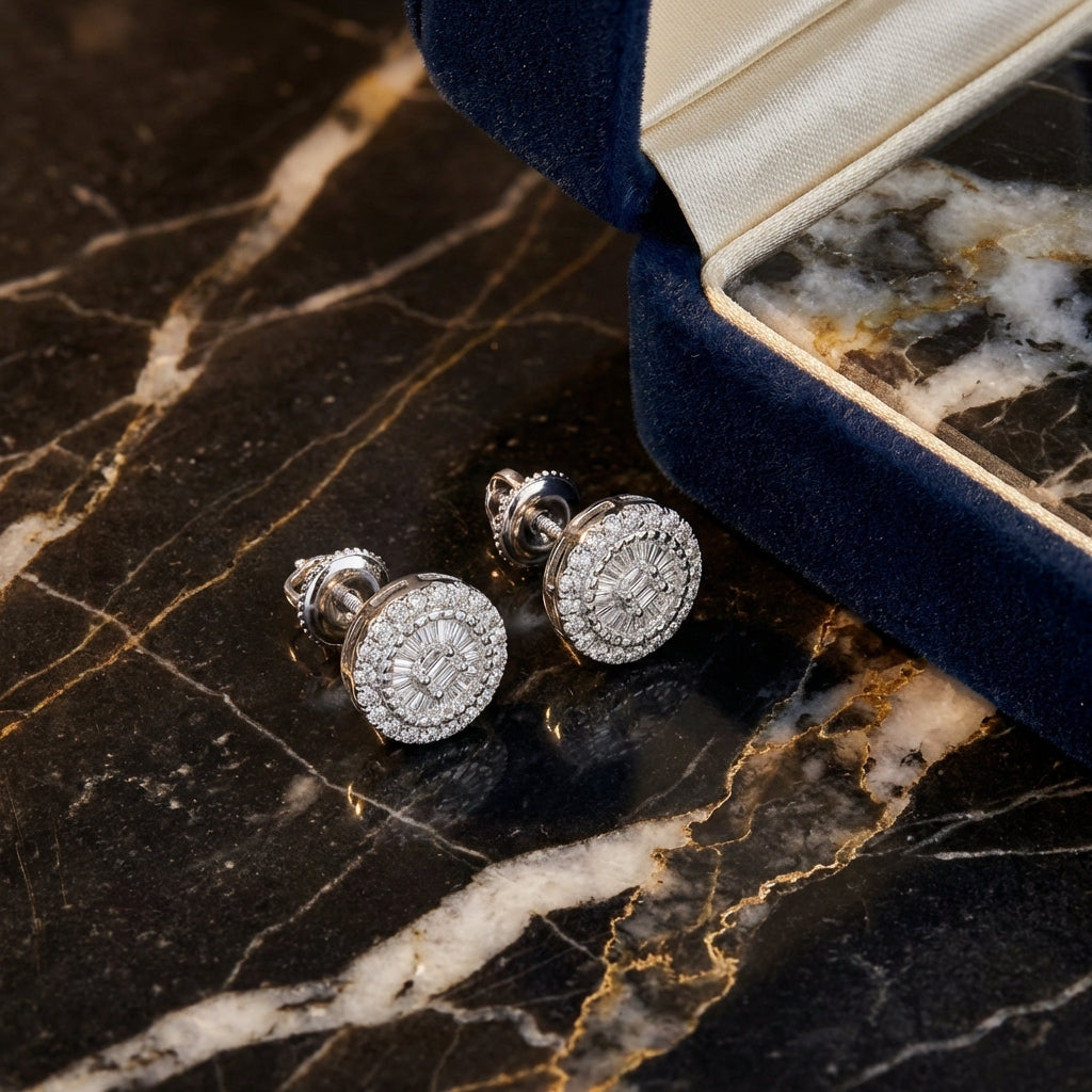 10k Gold Round Baguette Diamond Earrings 1/5 CTW luxury presentation - GOLDZENN